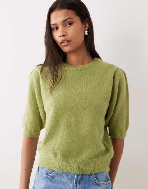 ASOS DESIGN – Pistagegrön, stickad t-shirt med korta ärmar och markerad midja - view 1