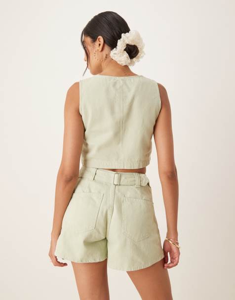 ASOS DESIGN – Pistagegröna jeansshorts med indragning baktill, del av set - view 1