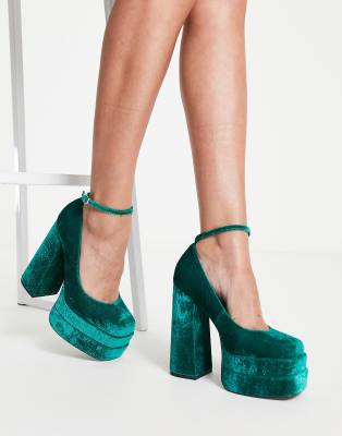 Asos Design Pistol Double Platform Heeled Shoes In Teal Velvet-blue