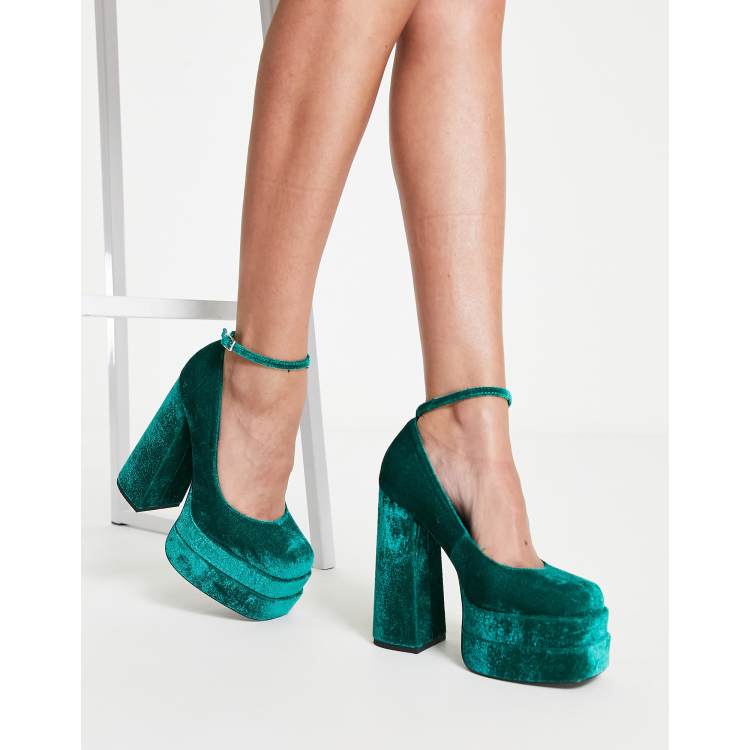 ASOS DESIGN Pistol double platform heeled shoes in teal velvet