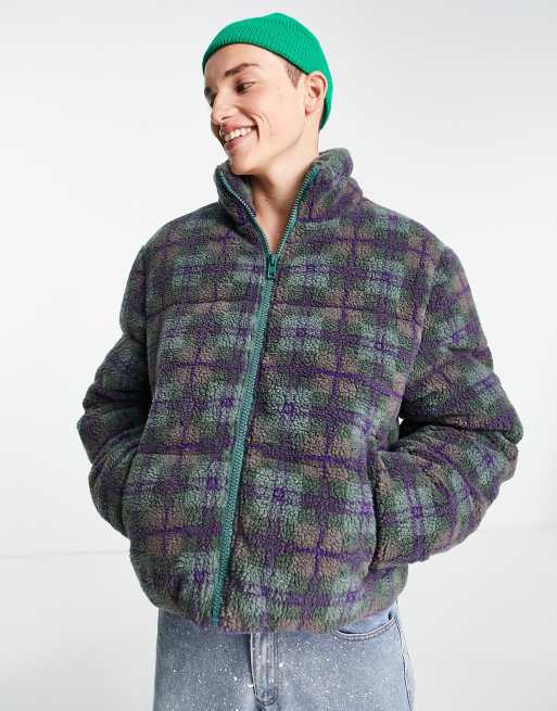 ASOS DESIGN - Piumino in pile borg viola e verde a quadri
