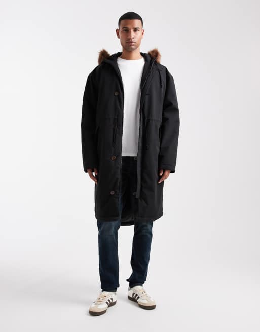 ASOS DESIGN - Piumino oversize con cappuccio con bordo in pelliccia sintetica nero, 2 di 5