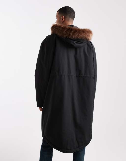 ASOS DESIGN - Piumino oversize con cappuccio con bordo in pelliccia sintetica nero, 3 di 5