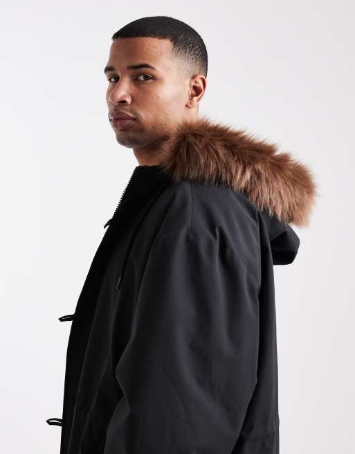 ASOS DESIGN - Piumino oversize con cappuccio con bordo in pelliccia sintetica nero, 4 di 5