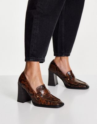 ASOS DESIGN Pixie square toe heeled loafers in brown snake
