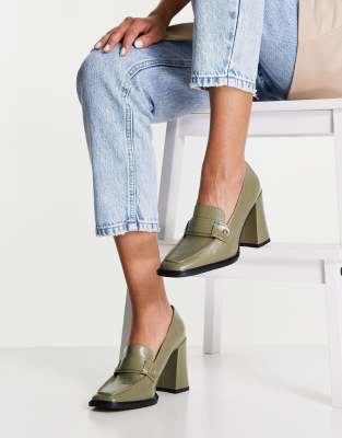 ASOS DESIGN Pixie square toe heeled loafers in sage green