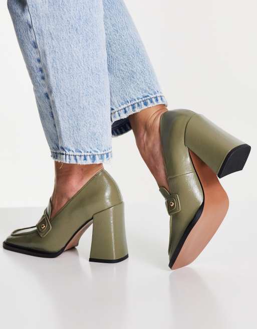 ASOS DESIGN Pixie square toe heeled loafers in sage green