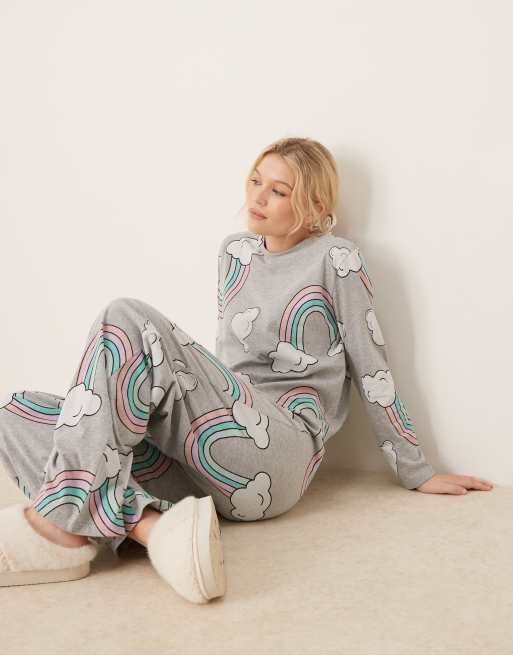 ASOS DESIGN – Piżama w szarym melanżowym kolorze we wzór w tęcze: top z długim rękawem i spodnie