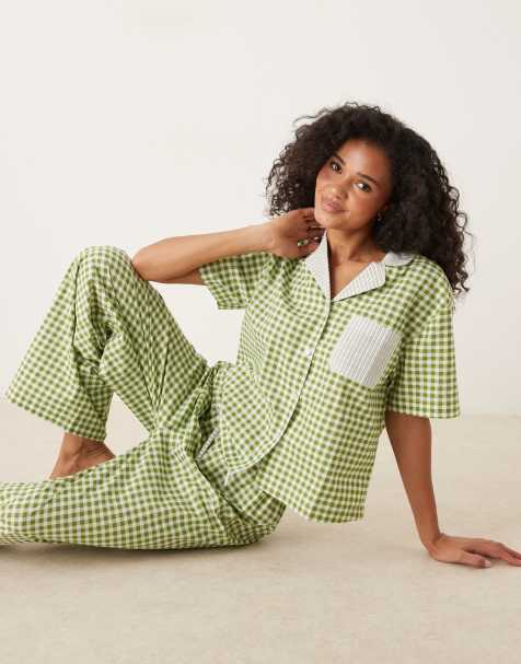 ASOS DESIGN – Piżama z koszulą z krótkim rękawem w zielona kratkę vichy i w paski - view 1