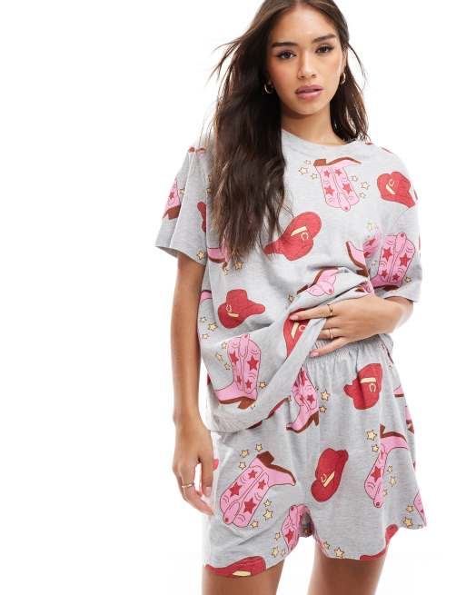 ASOS DESIGN – Piżama z T-shirtem oversize i szortami w szarym melanżowym kolorze we wzór z motywem rodeo