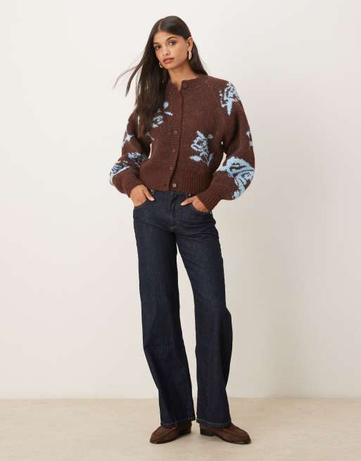 ASOS DESIGN placement floral raglan cardigan in chocolate, 3 of 4
