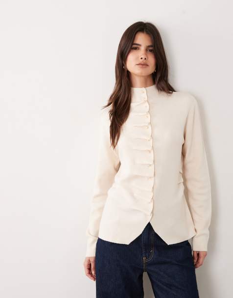 ASOS DESIGN placket detail high neck button through cardigan in cream - view 1