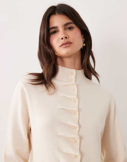 ASOS DESIGN placket detail high neck button through cardigan in cream, 2 of 4