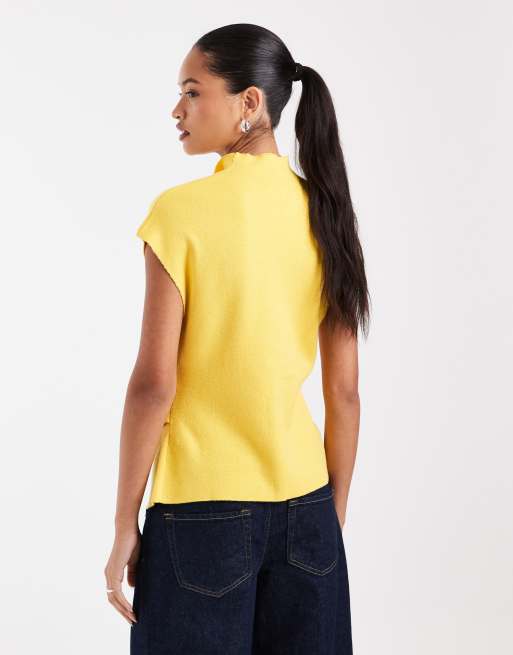 ASOS DESIGN placket detail high neck button through top in yellow, 3 of 4