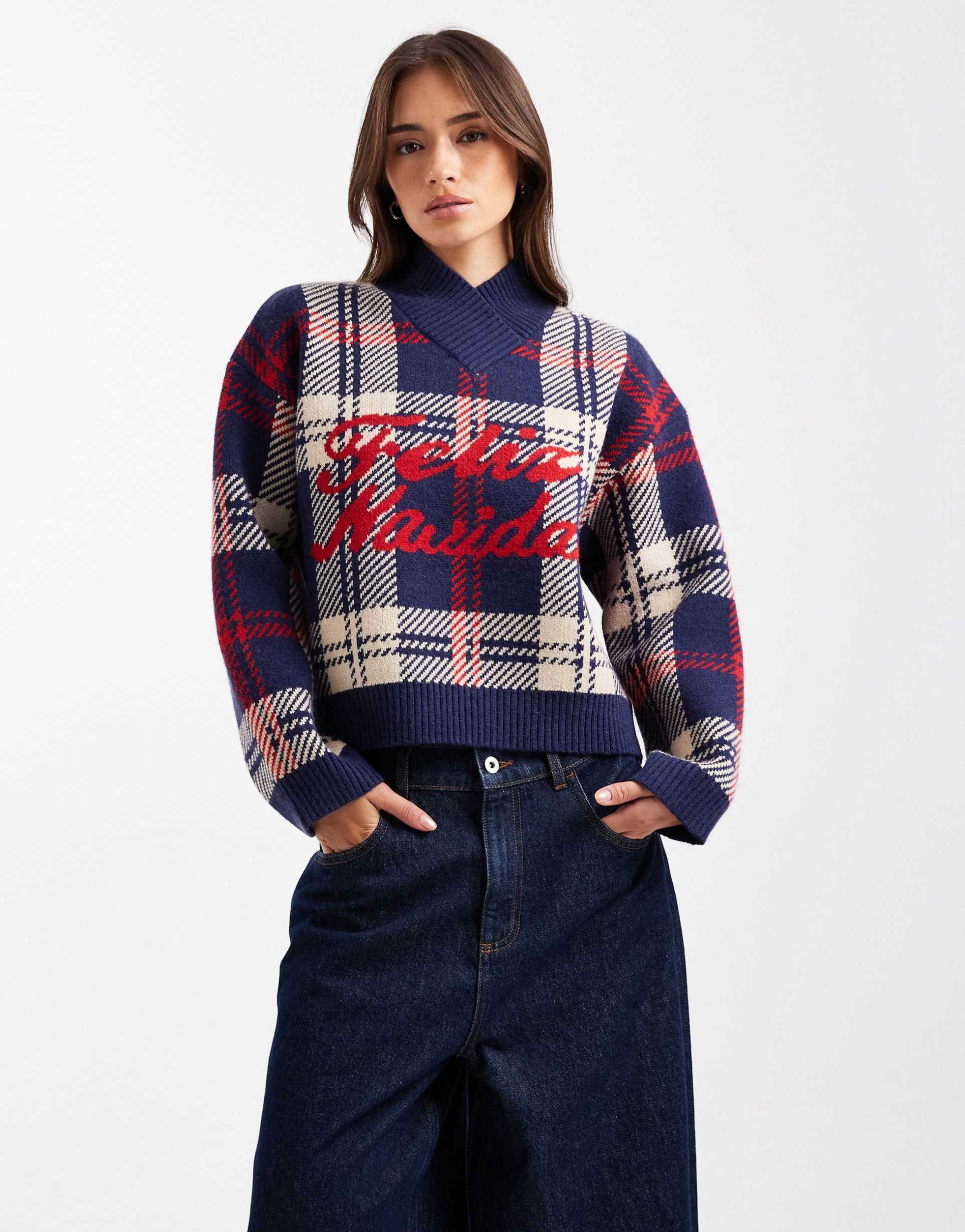asos design plaid feliz navidad boxy high v-neck sweater in navy