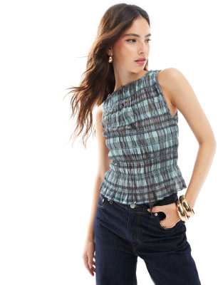 Asos Design Plaid Mesh Shirred Tank In Blue-multi