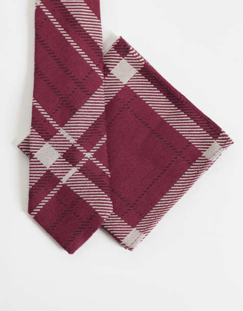 ASOS DESIGN plaid pattern tie and pocket square in burgundy - view 1