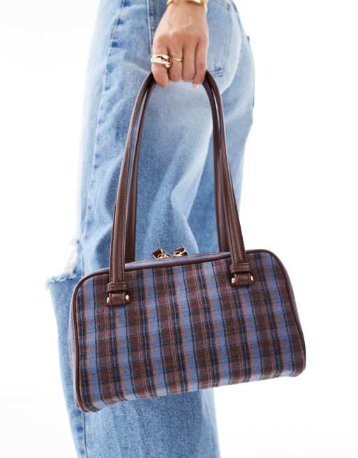 ASOS DESIGN plaid shoulder straps bowler bag in blue