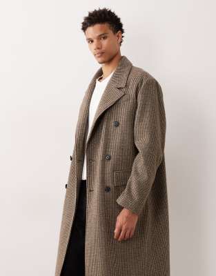 Asos Design Plaid Wool Look Oversized Longline Coat In Brown