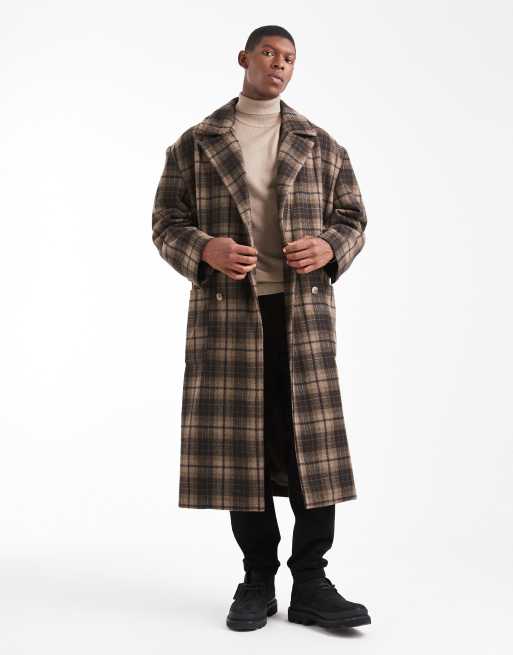 ASOS DESIGN plaid wool look oversized longline coat in brown