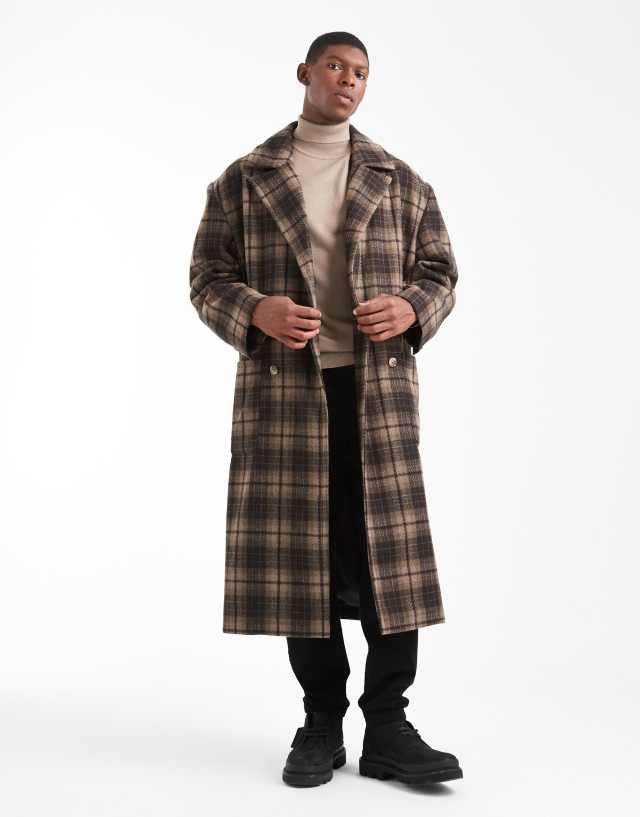 ASOS DESIGN plaid wool look oversized longline coat in brown | ASOS