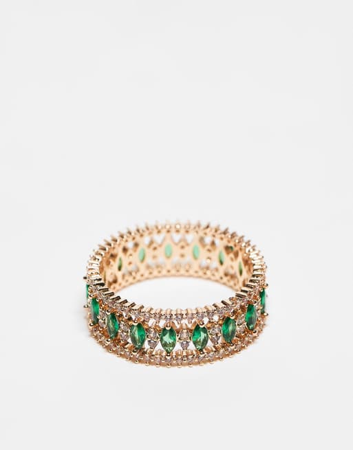 ASOS DESIGN plain band with green crystals in gold tone