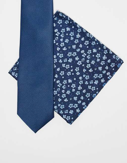 ASOS DESIGN plain tie with floral pocket square in navy