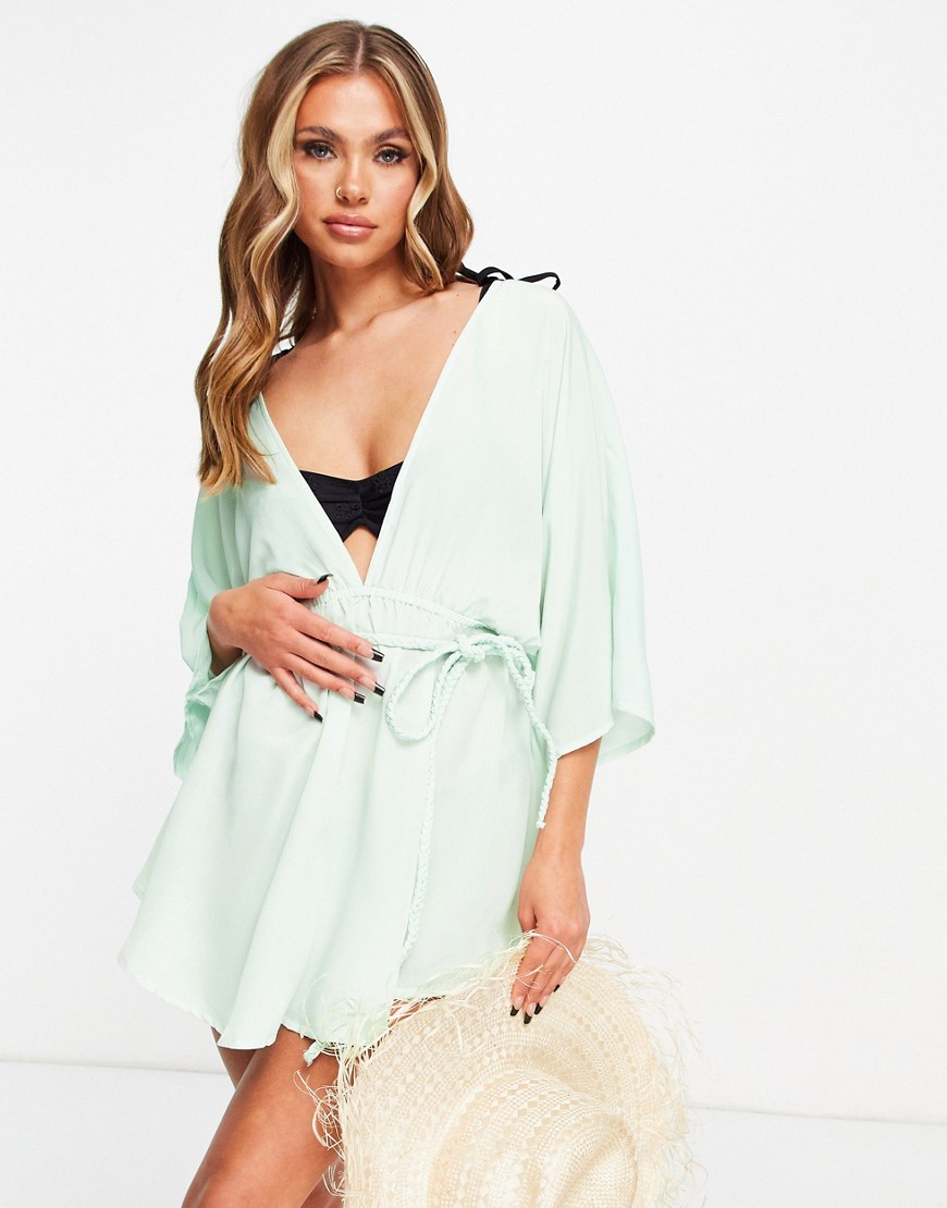 ASOS DESIGN plait belted beach cover up in silky mint-Blues