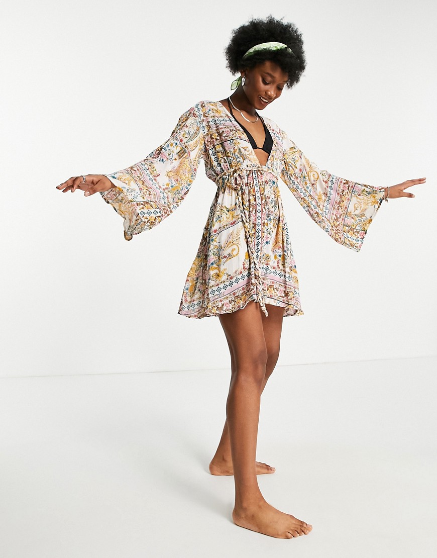 ASOS DESIGN plait chiffon wide sleeve beach cover up in tile print-Multi