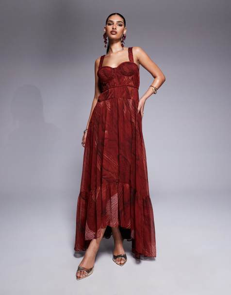 ASOS DESIGN plait detail maxi with bust cups in red abstract print - view 1