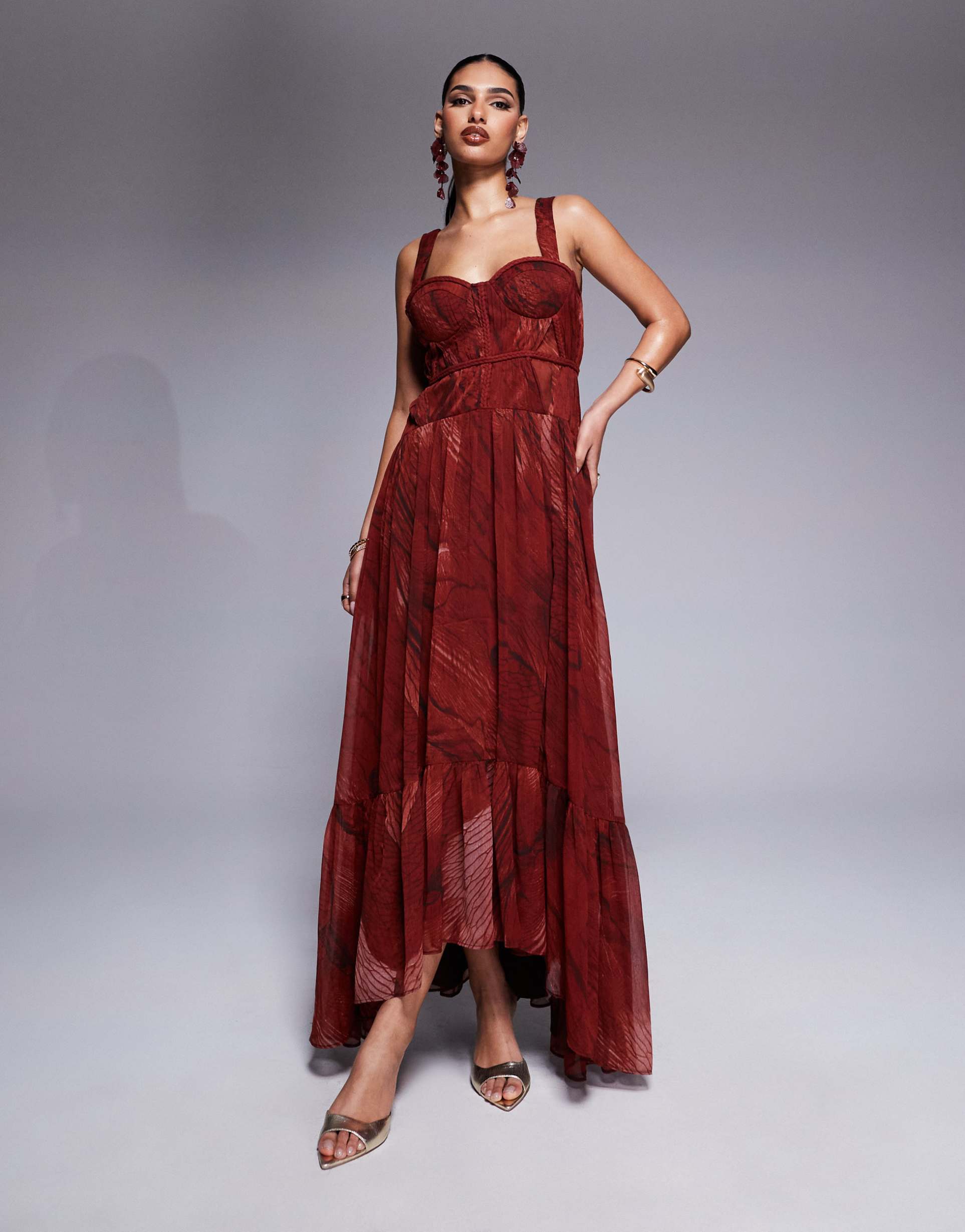 asos design plait detail maxi with bust cups in red abstract print