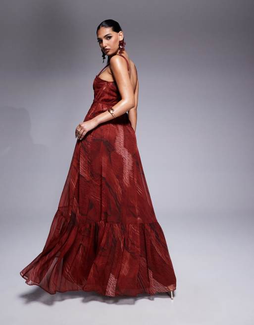 ASOS DESIGN plait detail maxi with bust cups in red abstract print