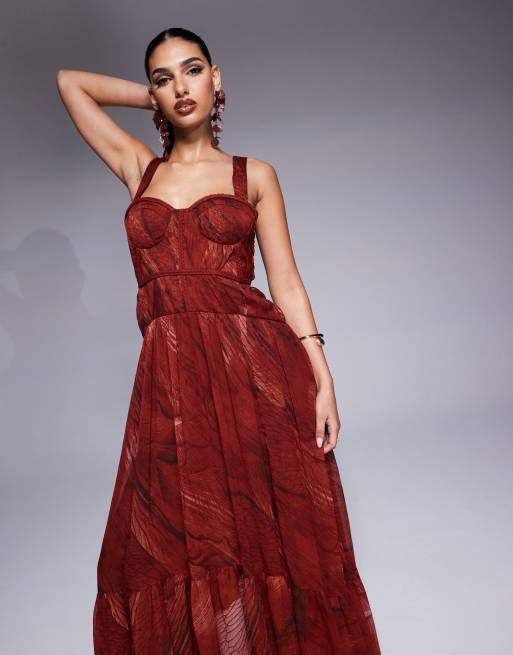 ASOS DESIGN plait detail maxi with bust cups in red abstract print
