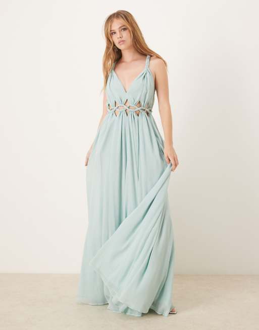 brown short dress Mini Asymmetrical Neckline Gold Metal Color:Ink_Blue Fit: Empire Waist Three Graces Ariadne Dress