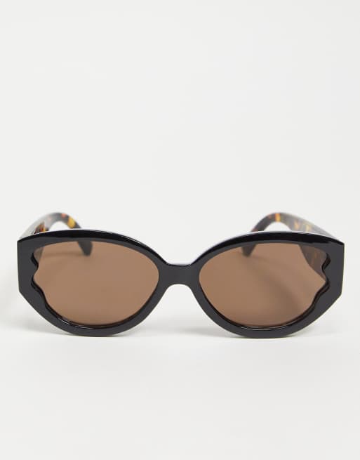 ASOS DESIGN plastic oval sunglasses with tortoiseshell arms in black, 3 of 4