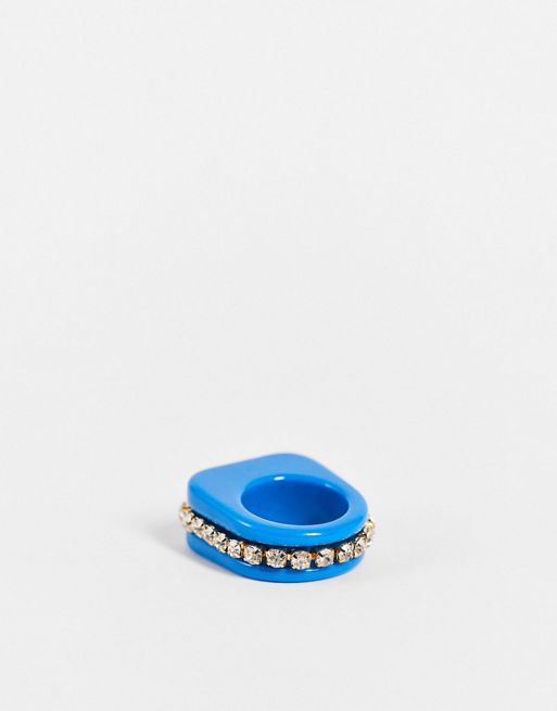 ASOS DESIGN plastic ring with crystal cupchain in blue