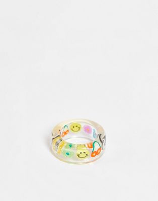 ASOS DESIGN plastic ring with trapped kitsch charms in clear