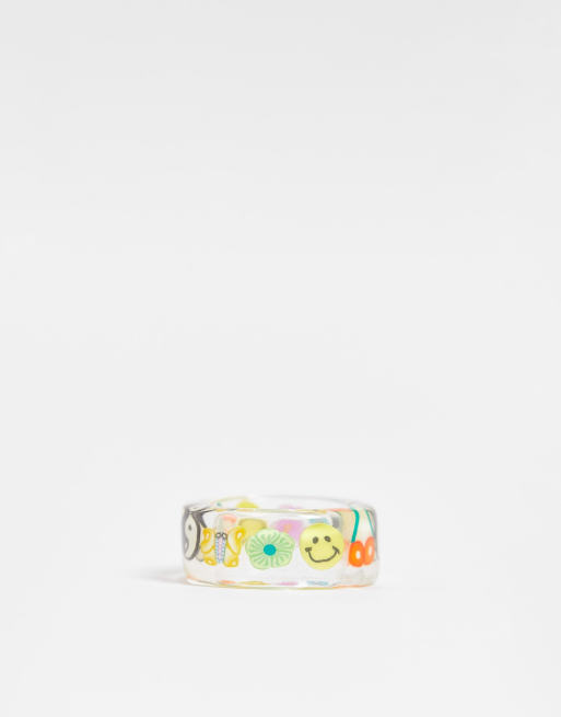 ASOS DESIGN plastic ring with trapped kitsch charms in clear, 2 of 4