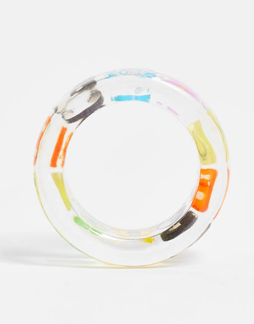 ASOS DESIGN plastic ring with trapped kitsch charms in clear, 4 of 4
