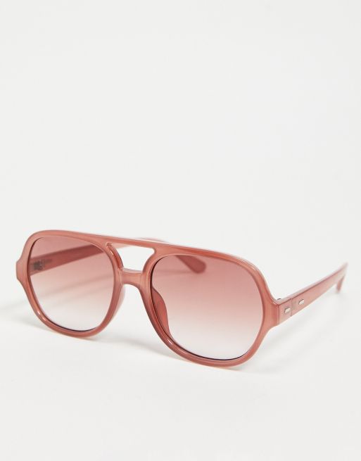 ASOS DESIGN – Plastikowe okulary przeciwsłoneczne typu aviator z oprawkami z podwójnym mostkiem i pudroworóżowymi szkłami – PINK