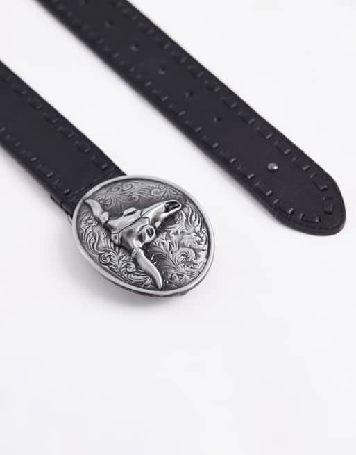 ASOS DESIGN plate buckle belt with whipstitch and stud detail in black faux leather, 2 of 3