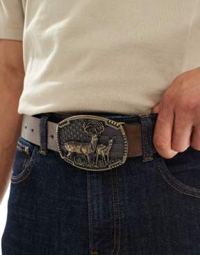 plated buckle belt in brown faux leather