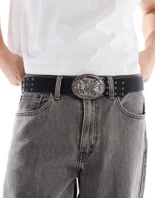 ASOS DESIGN plated buckle belt with studding in black faux leather