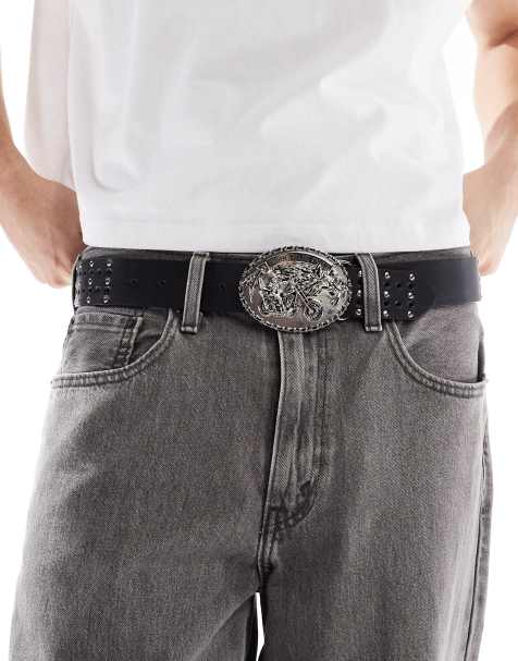 ASOS DESIGN plated buckle belt with studs in black faux leather - view 1