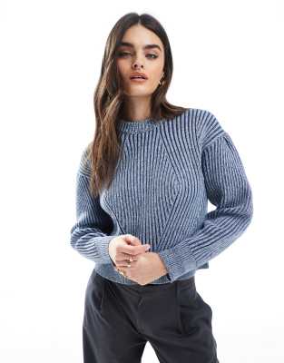 ASOS DESIGN plated crew neck jumper with sleeve detail in blue