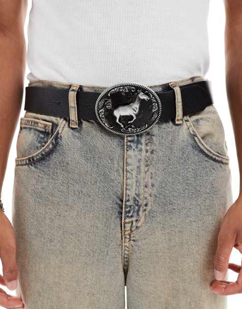 ASOS DESIGN plated horse buckle belt in black pebbled faux leather - view 1