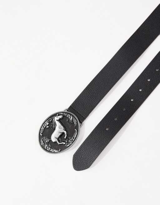 ASOS DESIGN plated horse buckle belt in black pebbled faux leather, 2 of 3