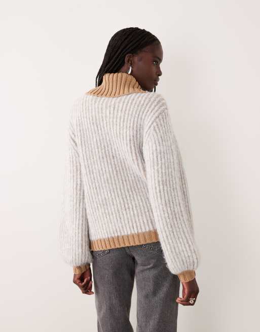 ASOS DESIGN plated rib fly collar jumper in camel, 3 of 4
