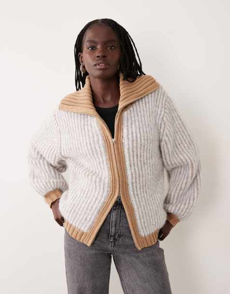 ASOS DESIGN plated rib fly collar sweater in camel - view 1