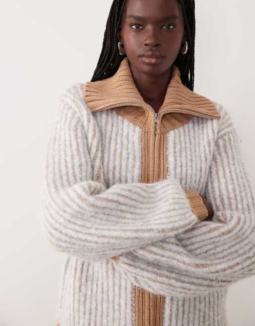 ASOS DESIGN plated rib fly collar sweater in camel, 4 of 4